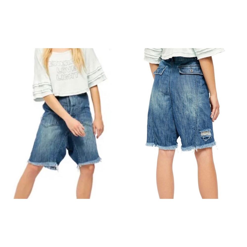 Free People Distressed Mid-Blue Denim Jean Shorts Size 10 but fits more like 14